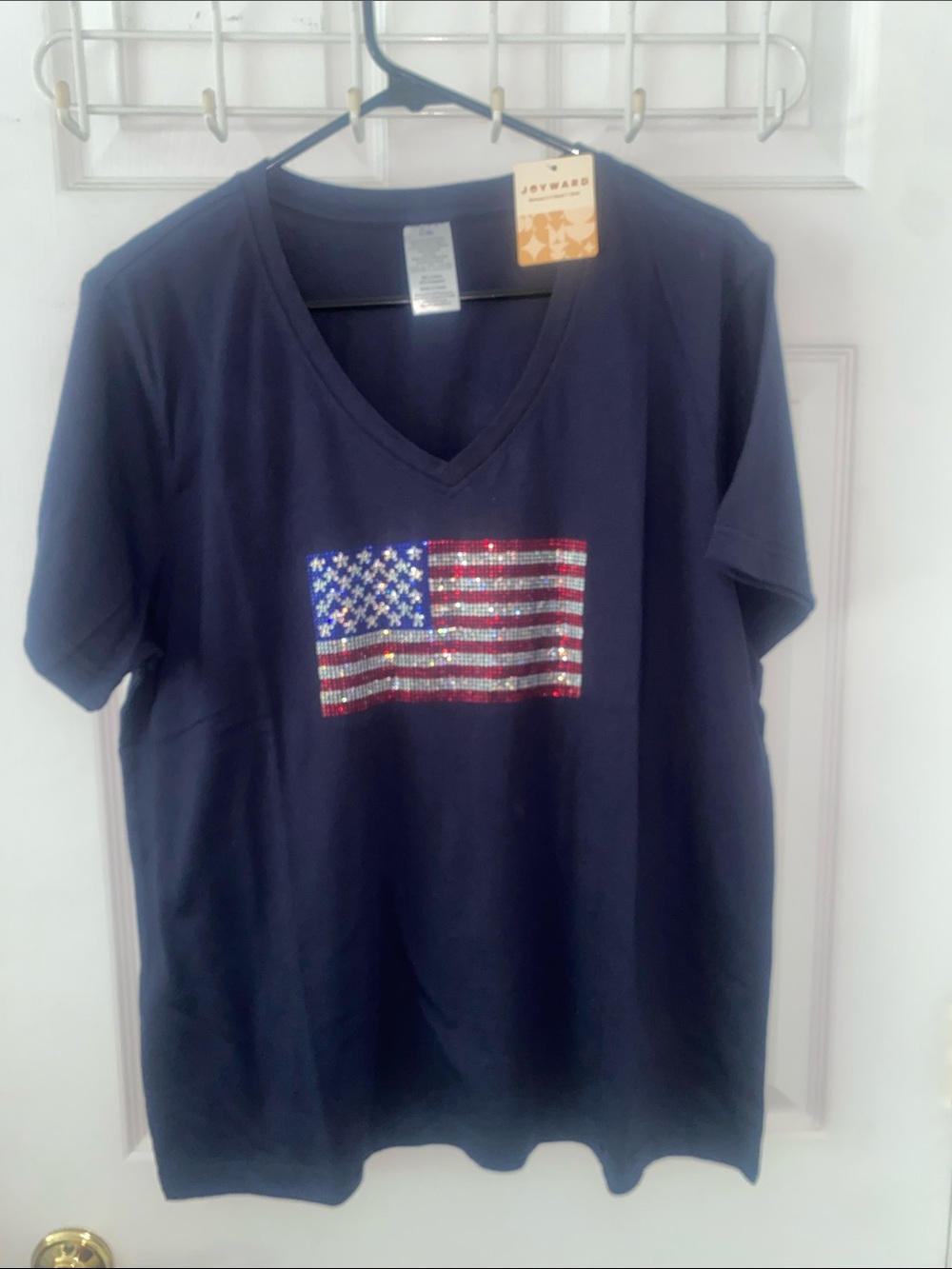 Joyward Navy V-Neck Tee w Sequin US Flag Perfect for 4th of July ptp 22 NWT